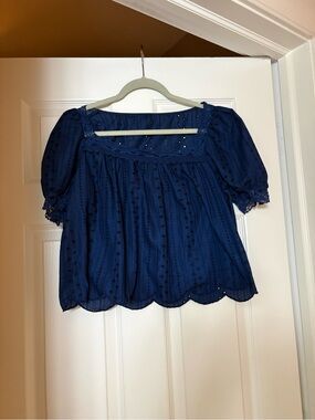 Square Neck Navy Blue Eyelet Peasant Blouse